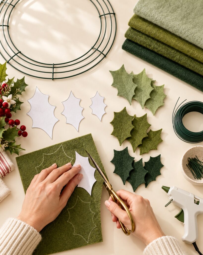 paper leaf cutouts with stack of felt leaves