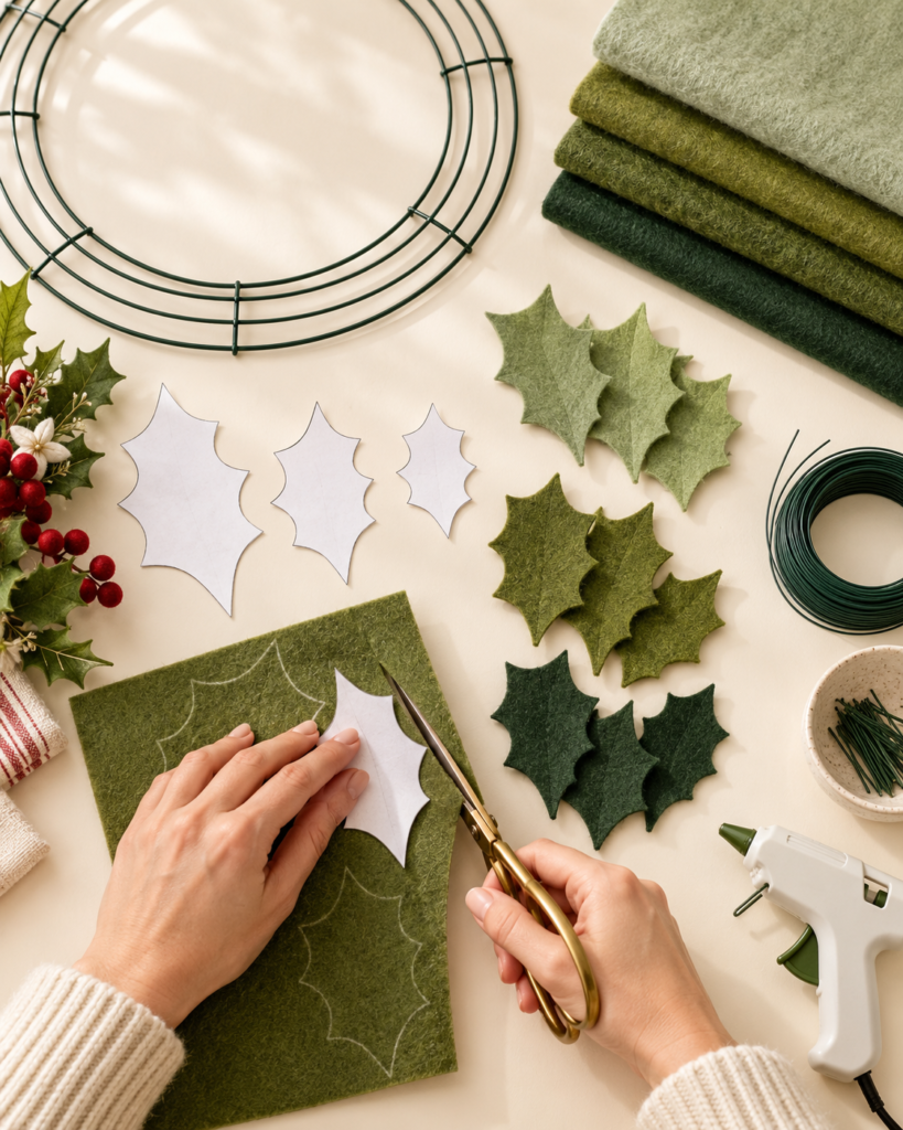 paper leaf cutouts with stack of felt leaves
