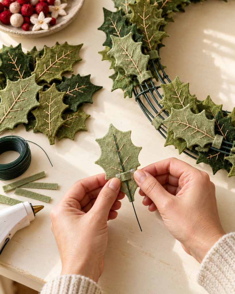 veins stitched into felt leaves and glue dots on the back to hold craft wire