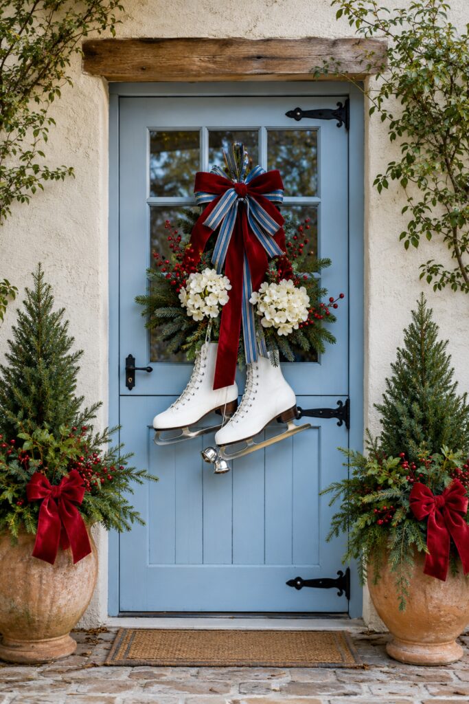 white ice skates with greenery swags and bow on blue front door