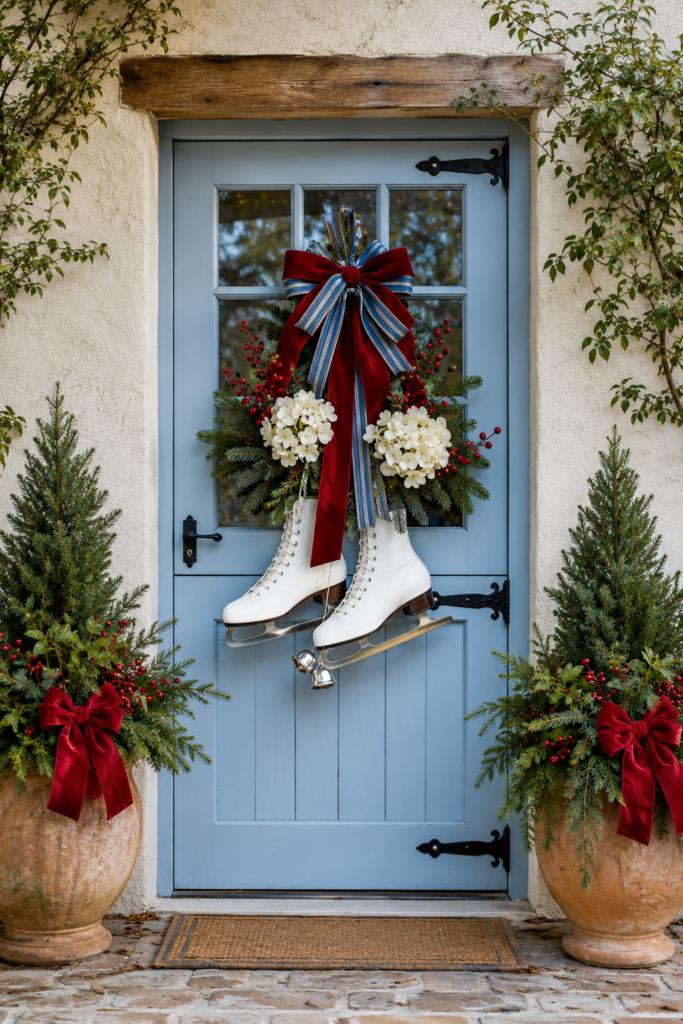 White ice skate Christmas door swag with hydrangeas red berries silver bells and burgundy ribbon