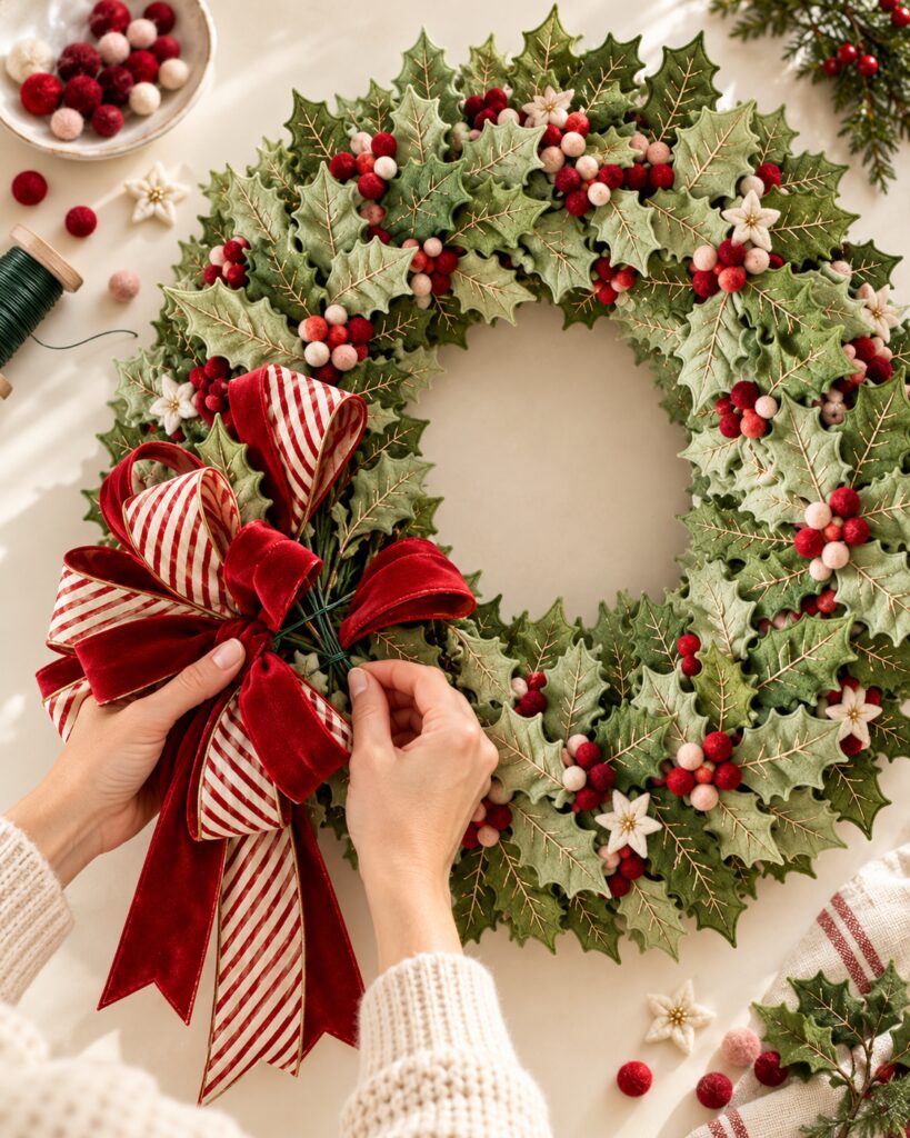 securing red and white striped bow to felt wreath