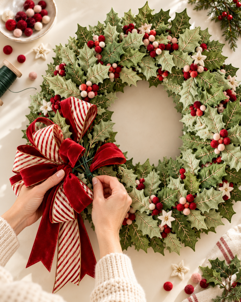 securing red and white striped bow to felt wreath