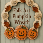 Folk Art Pumpkin Wreath lettering above three jack o lantern plaques framed by pleated checks and a distressed scalloped border