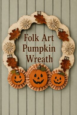 Folk Art Pumpkin Wreath lettering above three jack o lantern plaques framed by pleated checks and a distressed scalloped border