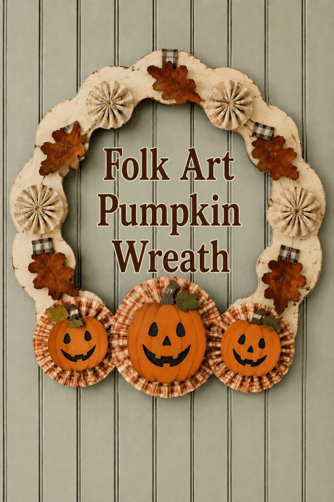 Folk Art Pumpkin Wreath lettering above three jack o lantern plaques framed by pleated checks and a distressed scalloped border
