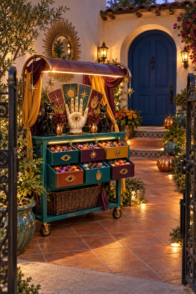 Fortune teller Halloween candy cart with six jewel tone treat drawers in a Spanish Colonial courtyard