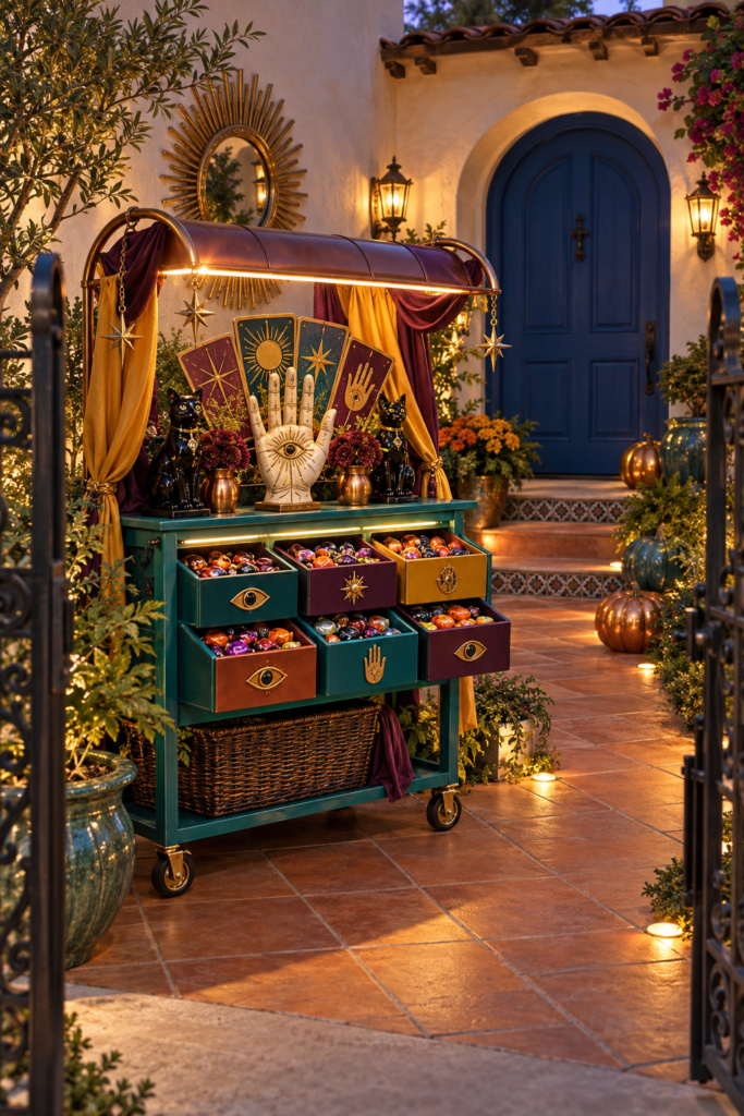 Fortune teller Halloween candy cart with six jewel tone treat drawers in a Spanish Colonial courtyard