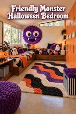 Friendly Monster Halloween Bedroom title above a purple monster and two decorated childrens beds