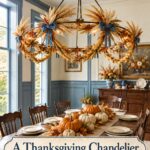 Traditional Thanksgiving dining room with decorated wheat chandelier and gathering under headline