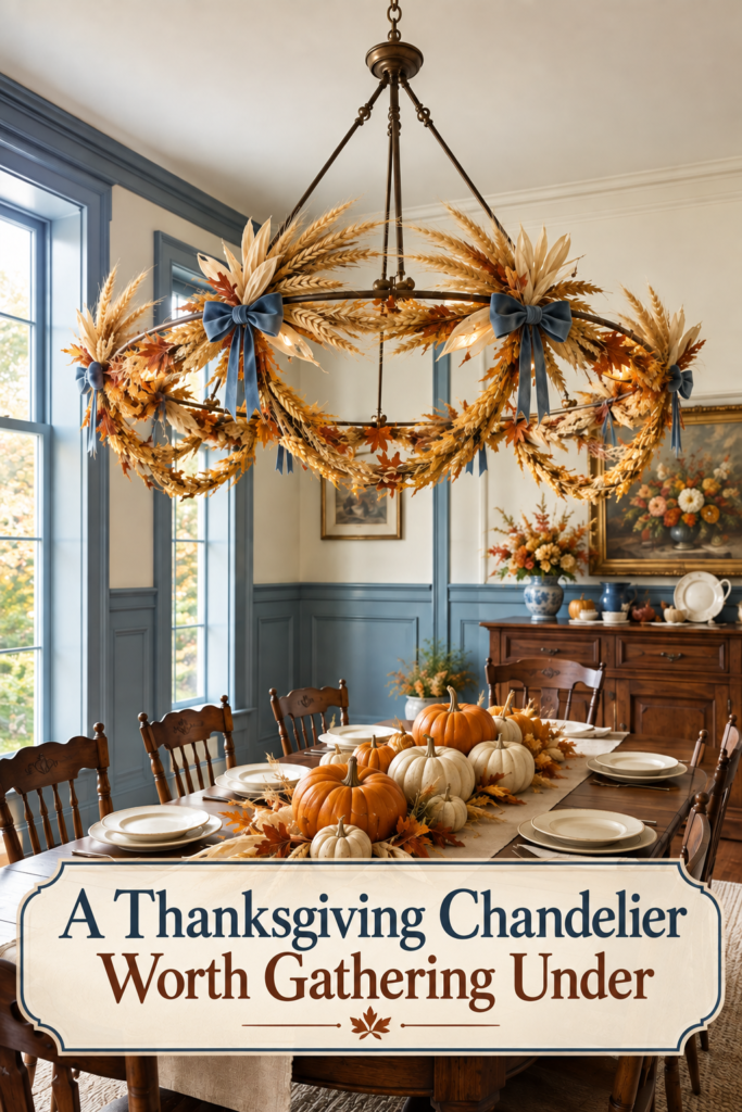 Traditional Thanksgiving dining room with decorated wheat chandelier and gathering under headline