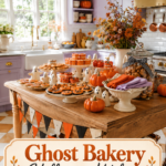 rustic Halloween kitchen island filled with ghost decorations pumpkin treats and bakery themed headline