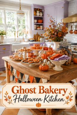 rustic Halloween kitchen island filled with ghost decorations pumpkin treats and bakery themed headline