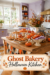 rustic Halloween kitchen island filled with ghost decorations pumpkin treats and bakery themed headline
