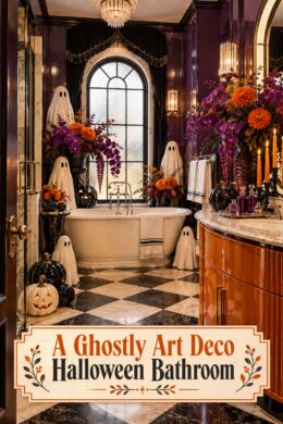 Ghostly Art Deco Halloween bathroom headline over an image of white ghosts beside an ivory tub