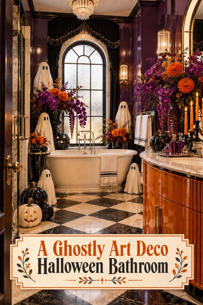 Ghostly Art Deco Halloween bathroom headline over an image of white ghosts beside an ivory tub