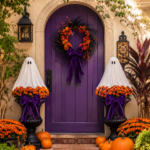 Purple door Halloween courtyard with paired ghost urns pumpkins and a headline about the courtyard welcome
