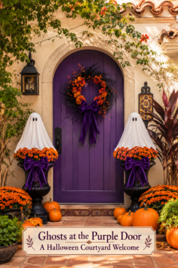 Purple door Halloween courtyard with paired ghost urns pumpkins and a headline about the courtyard welcome