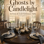 Ivory and gold Halloween dining table beneath lettering reading Ghosts by Candlelight An Ivory and Gold Halloween Table