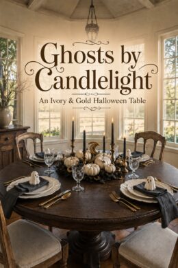 Ivory and gold Halloween dining table beneath lettering reading Ghosts by Candlelight An Ivory and Gold Halloween Table