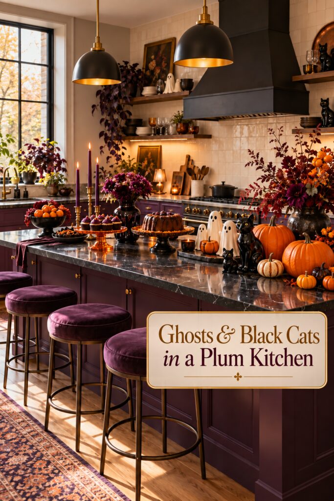 Halloween kitchen with ghosts and black cats on the island and title text over plum cabinetry