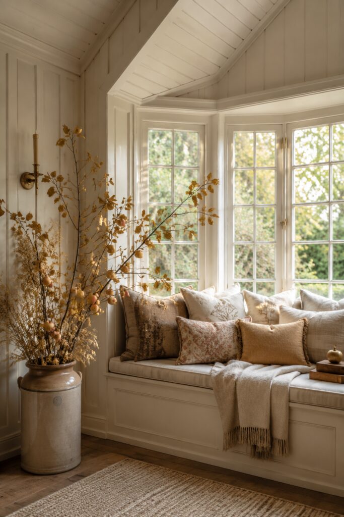 Gilded apple branches in a tall stoneware crock beside a cream window seat with botanical cushions an ochre pillow and a fringed throw