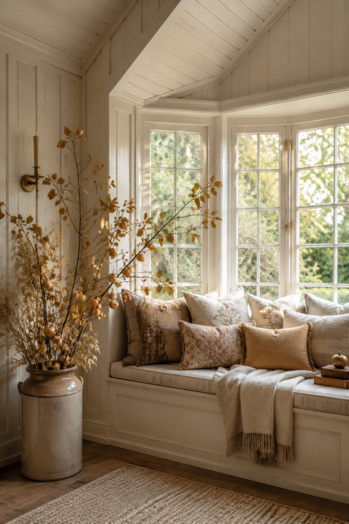 Gilded apple branches in a tall stoneware crock beside a cream window seat with botanical cushions an ochre pillow and a fringed throw