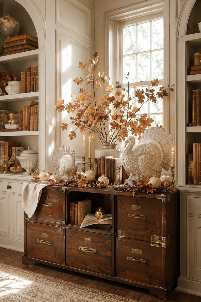 Ivory turkey sculptures and pale pomegranates decorate a dark library cabinet beneath golden oak branches beside shelves of aged books