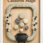 Rectangular gingham cauldron wreath with checked bubbles and button centered flowers beneath the words A Little Gingham Cauldron Magic