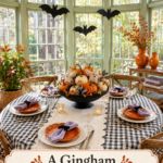 sunroom Halloween tablescape with orange pumpkins gingham linens hanging bats and gingham Halloween table headline