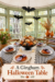 sunroom Halloween tablescape with orange pumpkins gingham linens hanging bats and gingham Halloween table headline