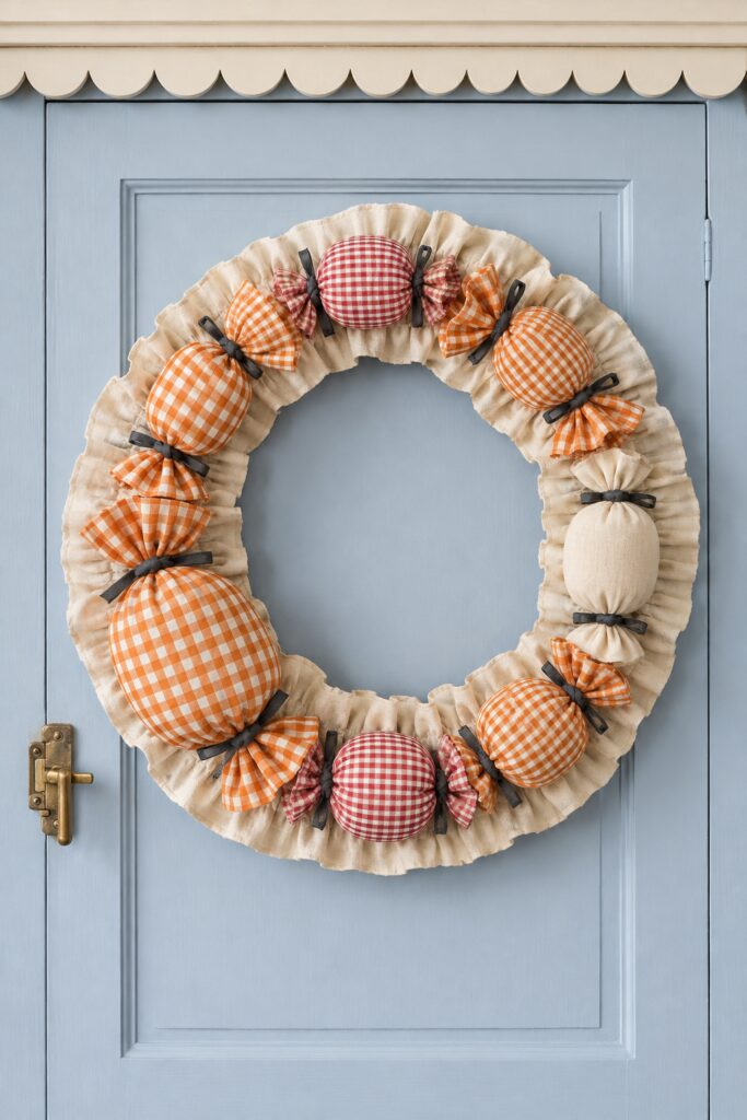 Halloween candy wreath with orange and red gingham fabric sweets black ribbon ties and cream ruffles on a powder blue door