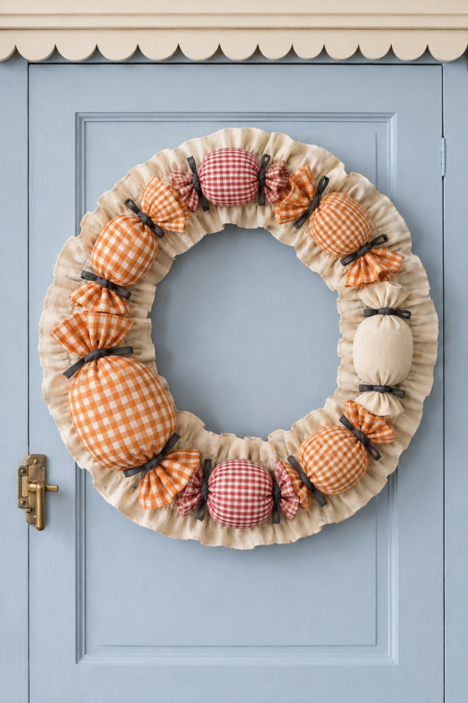 Halloween candy wreath with orange and red gingham fabric sweets black ribbon ties and cream ruffles on a powder blue door