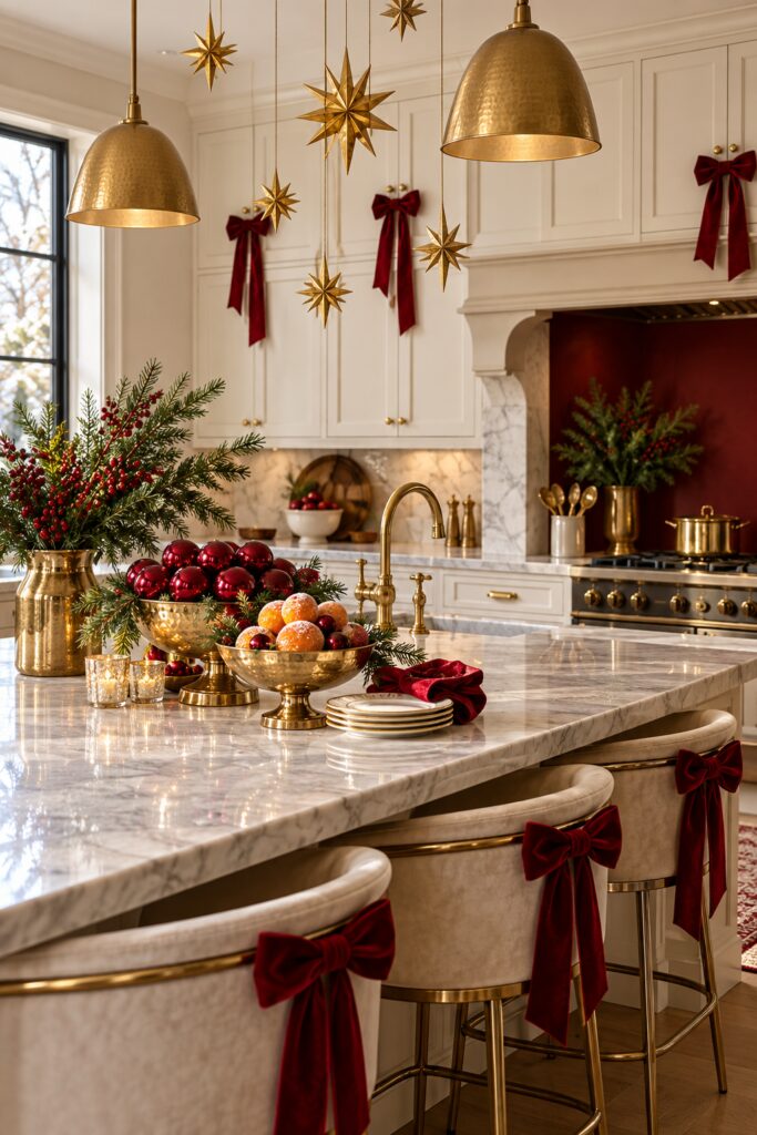 Christmas kitchen with hanging gold stars red velvet bows on cabinets and stools and festive marble island