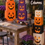 stacks of orange and purple boxes with jack-o-lantern cutout faces that light up on woodworking table