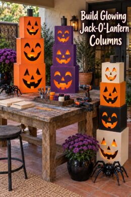 stacks of orange and purple boxes with jack-o-lantern cutout faces that light up on woodworking table