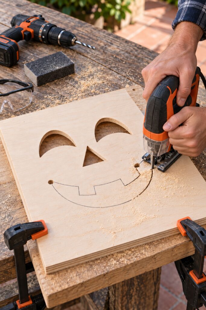 power tool being used to cut jack o lantern eyes nose and mouth out of plywood square