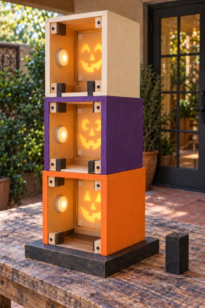 back of a stack of jack o lantern boxes with puck lights on the inside