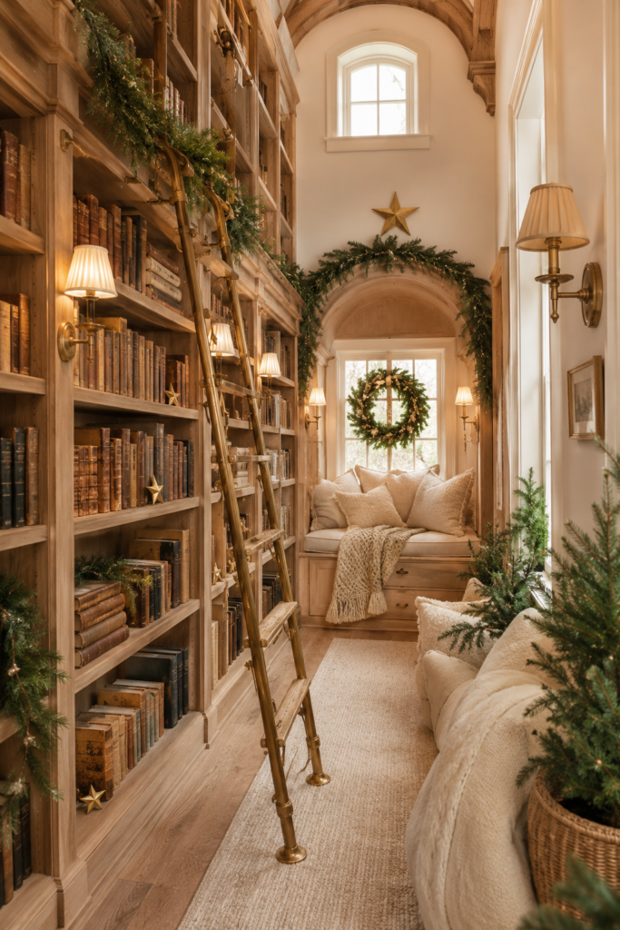 Christmas library nook with a brass ladder gold stars among books evergreen garlands shaded sconces and a cream window seat beneath a wreath