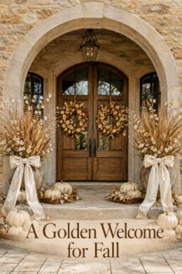 Fall porch decorated with golden pear wreaths ivory pumpkins and ribboned urns beneath text reading A Golden Welcome for Fall