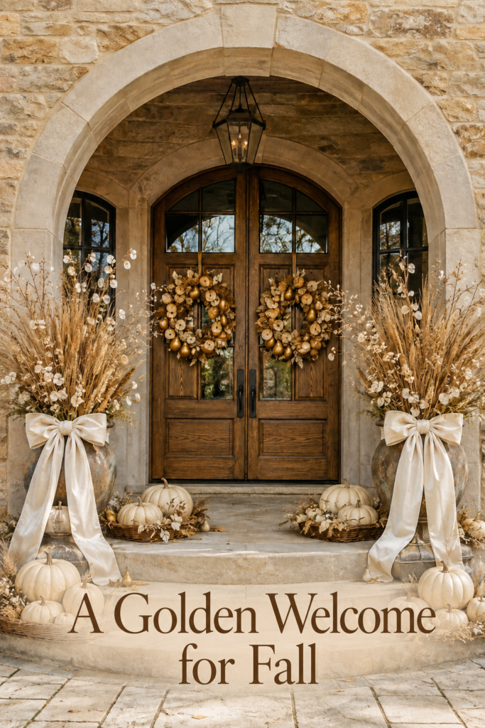 Fall porch decorated with golden pear wreaths ivory pumpkins and ribboned urns beneath text reading A Golden Welcome for Fall