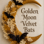 Autumn crescent wreath with layered fabric leaves and dark bats surrounding the words Golden Moon Velvet Bats