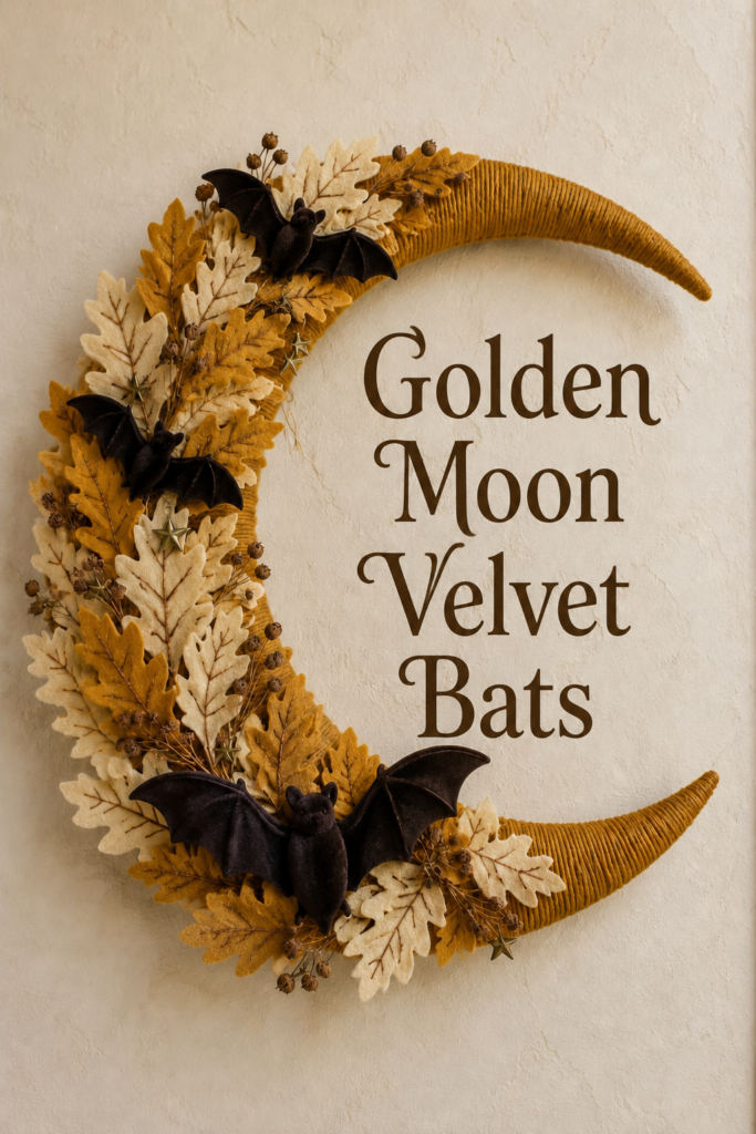 Autumn crescent wreath with layered fabric leaves and dark bats surrounding the words Golden Moon Velvet Bats