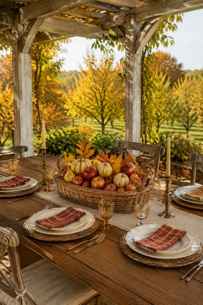 Fall supper table beneath a pergola with a woven basket of apples pears and cream pumpkins ivory plates rust checked napkins and amber glasses