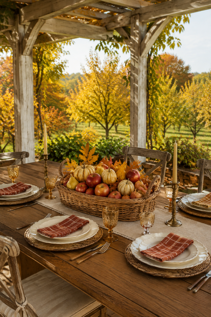 Fall supper table beneath a pergola with a woven basket of apples pears and cream pumpkins ivory plates rust checked napkins and amber glasses