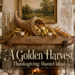 Stone farmhouse fireplace with a harvest cornucopia brass candlesticks and text reading A Golden Harvest Thanksgiving Mantel Ideas