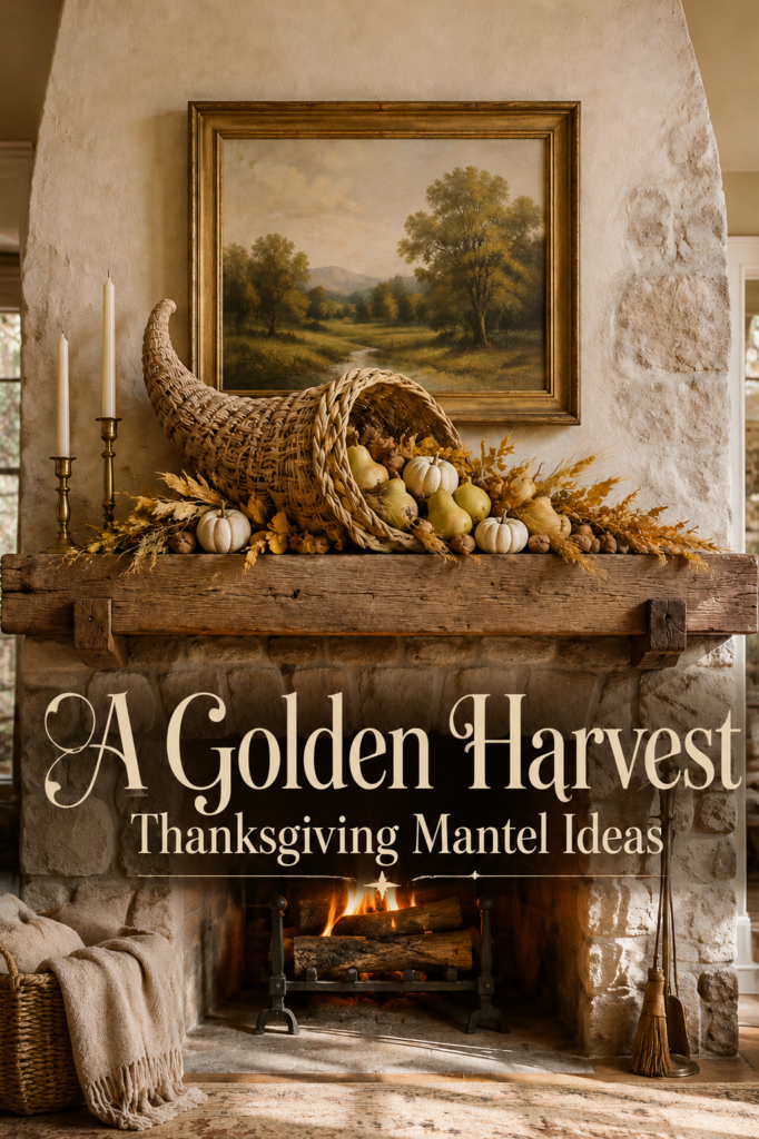 Stone farmhouse fireplace with a harvest cornucopia brass candlesticks and text reading A Golden Harvest Thanksgiving Mantel Ideas