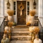 Autumn porch with sage and ivory pumpkins beneath a banner reading Pumpkins and Golden Wheat A Farmhouse Fall Welcome