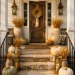 Autumn porch with sage and ivory pumpkins beneath a banner reading Pumpkins and Golden Wheat A Farmhouse Fall Welcome