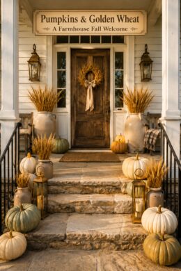 Autumn porch with sage and ivory pumpkins beneath a banner reading Pumpkins and Golden Wheat A Farmhouse Fall Welcome